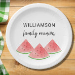 Plato De Papel sandía de unión familiar de verano<br><div class="desc">Estas placas familiares de papel para la Reunión están decoradas con sandías acuáticas. Personalizable fácil. Utilice la Herramienta de diseño para cambiar el tamaño,  estilo o color del texto. Porque creamos nuestra obra de arte no encontrarás esta imagen exacta de otros diseñadores. Acuarela original © Michele Davies.</div>