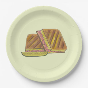 Plato De Papel Sándwich cubano presionado Ham Cheese Salami PIckl