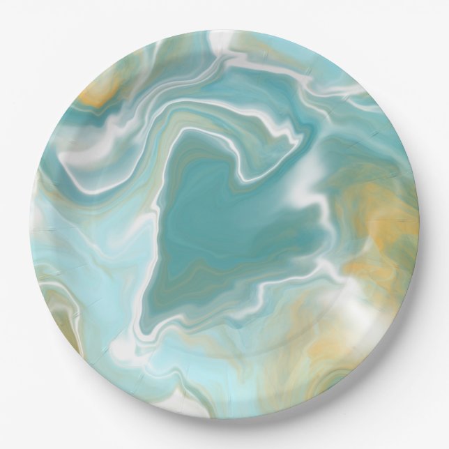 Plato De Papel Sandy Brown Ocean Blue Marble Fluid Art (Anverso)