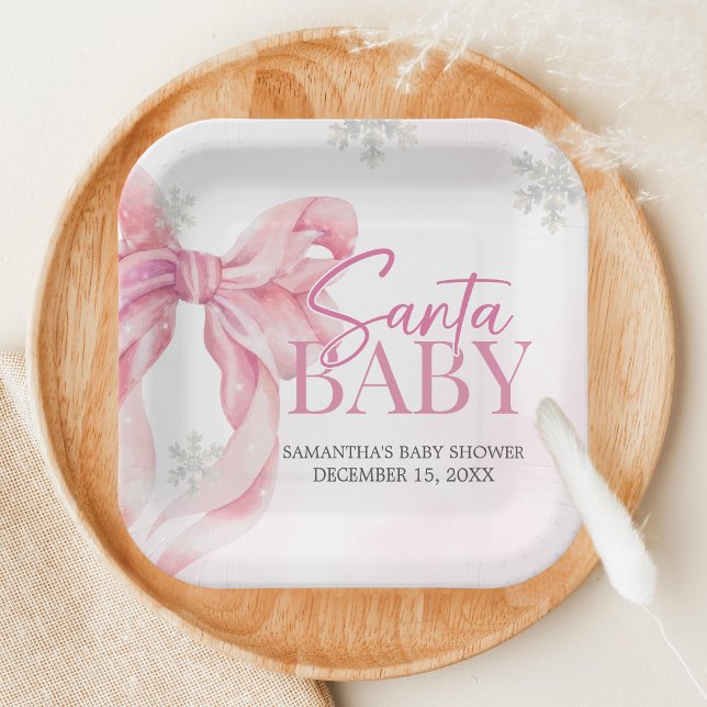 Plato De Papel Santa Baby Christmas Baby Shower (Pink Coquette Winter Baby Shower Paper Plate)