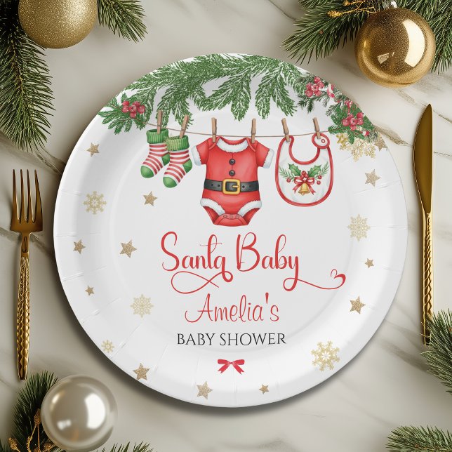 Plato De Papel Santa Baby Christmas Baby Shower Festive Holiday (Subido por el creador)