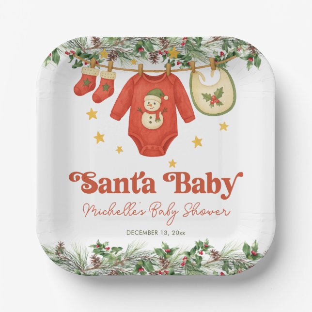 Plato De Papel Santa Baby Christmas Clothesline Baby Shower (Anverso)
