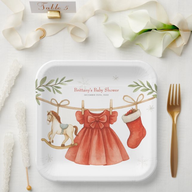 Plato De Papel Santa Baby Christmas Clothesline Girl Baby Shower  (Boda)