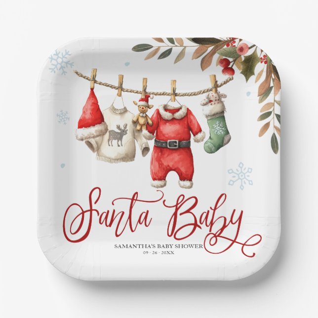 Plato De Papel Santa Baby Christmas Winter Baby Shower (Anverso)