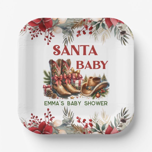 Plato De Papel Santa Baby Cowboy Chirstmas Baby Shower (Anverso)