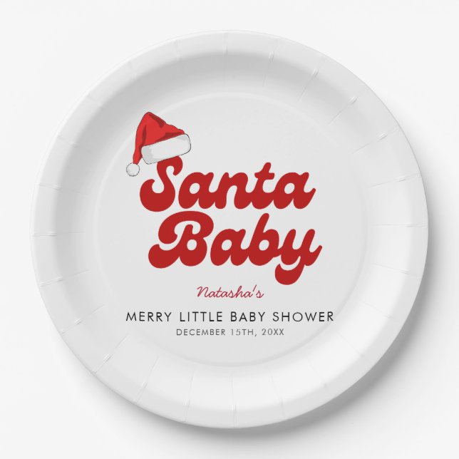 Plato De Papel Santa Baby Merry Little Navidad Baby Shower (Anverso)