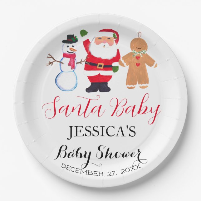 Plato De Papel Santa Baby Shower Red Cute simple invierno nevado (Anverso)