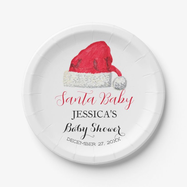 Plato De Papel Santa Baby Shower Red Cute simple invierno nevado (Anverso)