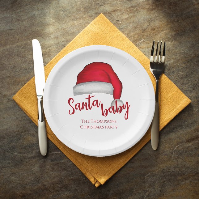 Plato De Papel Santa Bebé Red Simple Navidades Tradicionales (Christmas holiday custom paper plate with Santa Baby typography. )