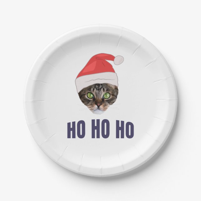Plato De Papel Santa Cat con Santa hat, Ho ho ho Invitación Squa (Anverso)