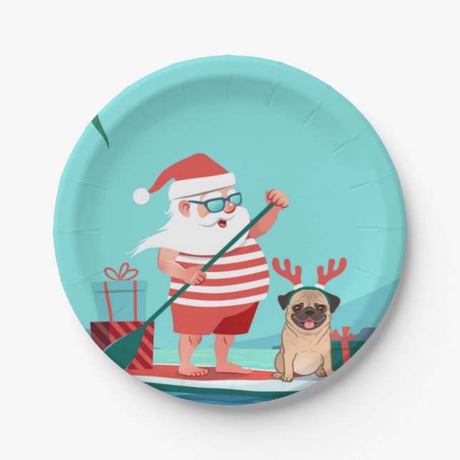 Plato De Papel Santa Claus and His Pug on a Surfboard (Anverso)