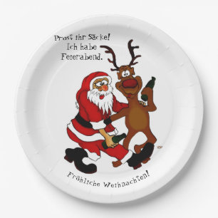 Plato De Papel Santa Claus con alce - Navidades felices