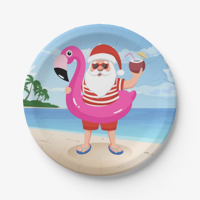 Plato De Papel Santa Claus con anillo inflable de flamingo (Anverso)