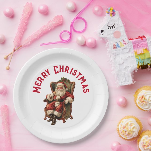 Plato De Papel Santa Claus de época en un cómodo Navidad presiden (Fiesta)