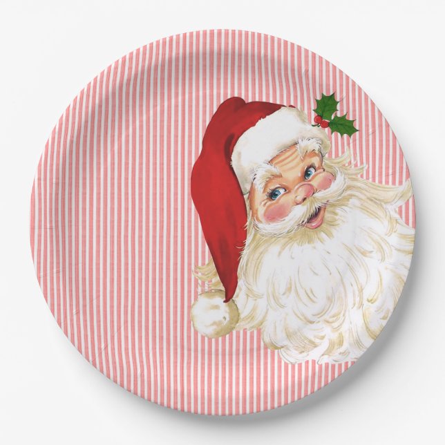 Plato De Papel Santa Claus de moda antigua, banda roja y blanca (Anverso)