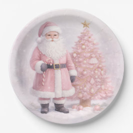 Plato De Papel Santa Claus de Navidad Rosa Pastel