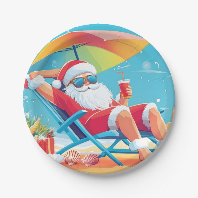 Plato De Papel Santa Claus descansando en una playa tropical con  (Anverso)