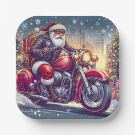 Plato De Papel Santa Claus en mode motard