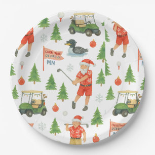 Plato De Papel Santa Claus golfista jugando golf en Minnesota en