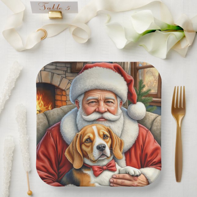Plato De Papel Santa Claus Holding Beagle Christmas Art (Boda)