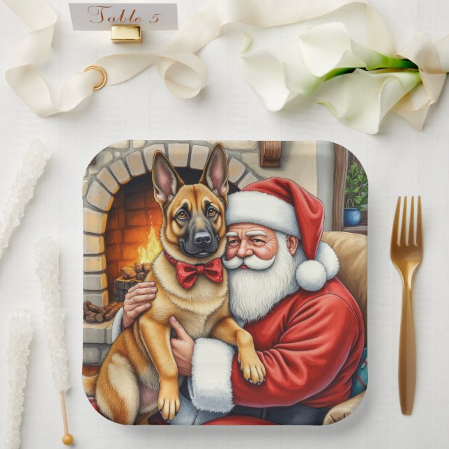 Plato De Papel Santa Claus Holding Belgian Malinois Christmas Art (Boda)