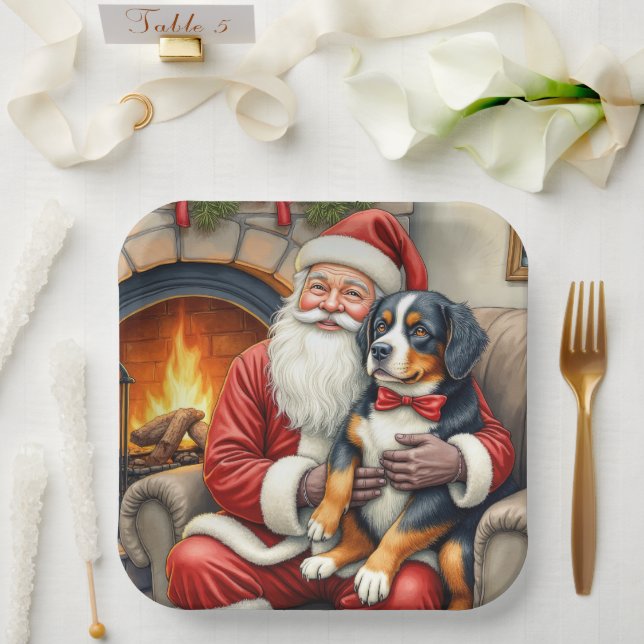 Plato De Papel Santa Claus Holding Bernese Mountain Dog Christmas (Boda)