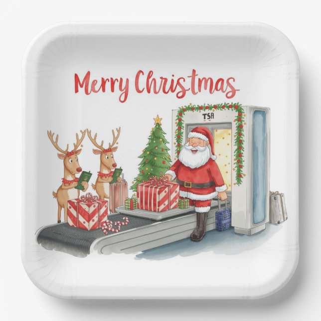 Plato De Papel Santa Claus saluda desde el aeropuerto (Anverso)