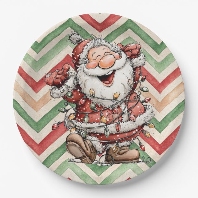 Plato De Papel Santa Claus Tangled In Christmas Lights (Anverso)