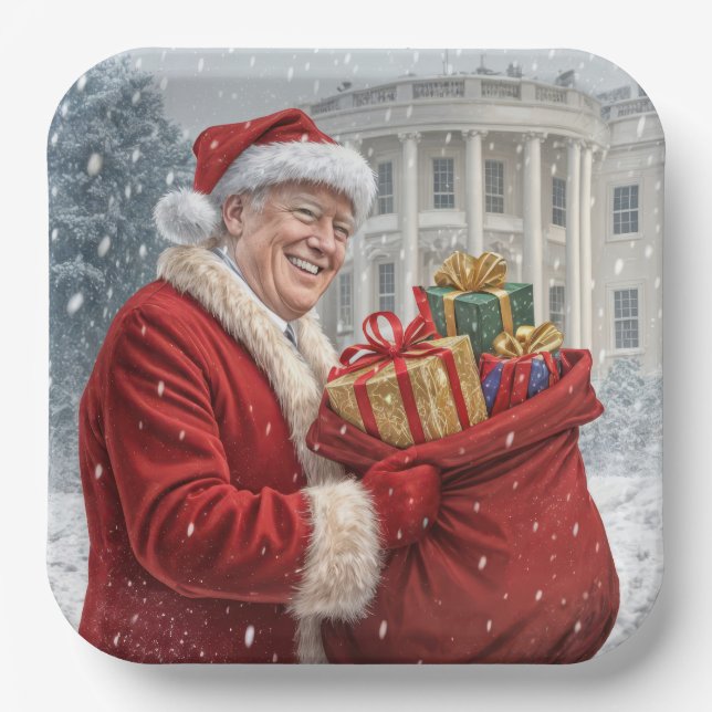 Plato De Papel Santa Claus Trump con bolsa de regalo (Anverso)