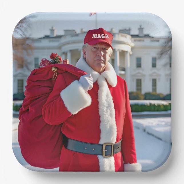Plato De Papel Santa Claus Trump con Gorra de MAGA (Anverso)