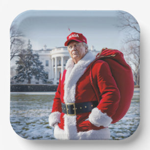 Plato De Papel Santa Claus Trump con saco rojo