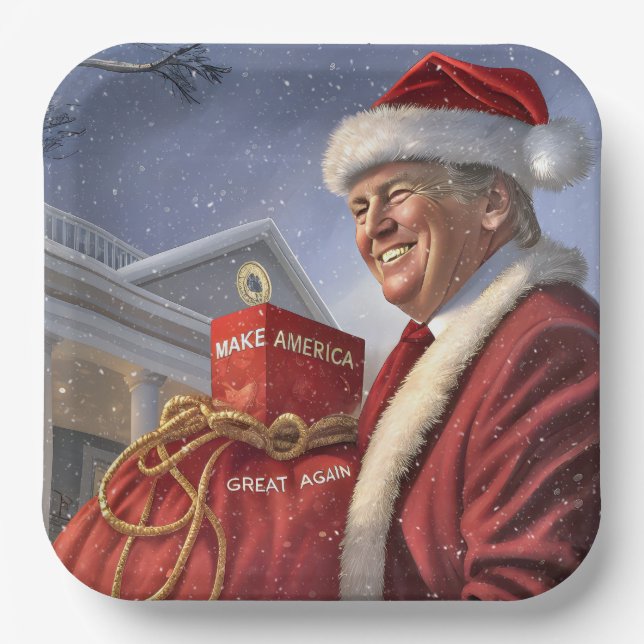 Plato De Papel Santa Claus Trump con saco rojo MAGA (Anverso)