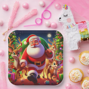 Plato De Papel Santa Claus y 2 ilustraciones de renos