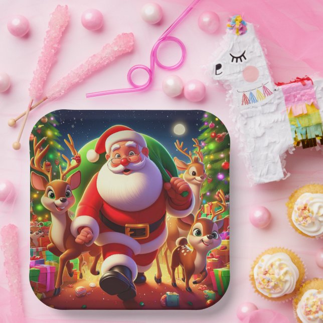 Plato De Papel Santa Claus y 2 ilustraciones de renos (Fiesta)