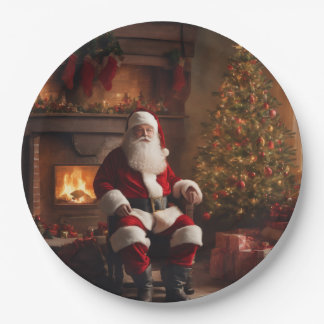 Plato De Papel Santa Clause with Christmas Tree & Fireplace