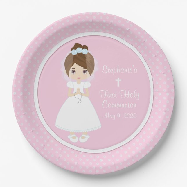 Plato De Papel Santa Comunión Personalizada - Chica Brunette (Anverso)