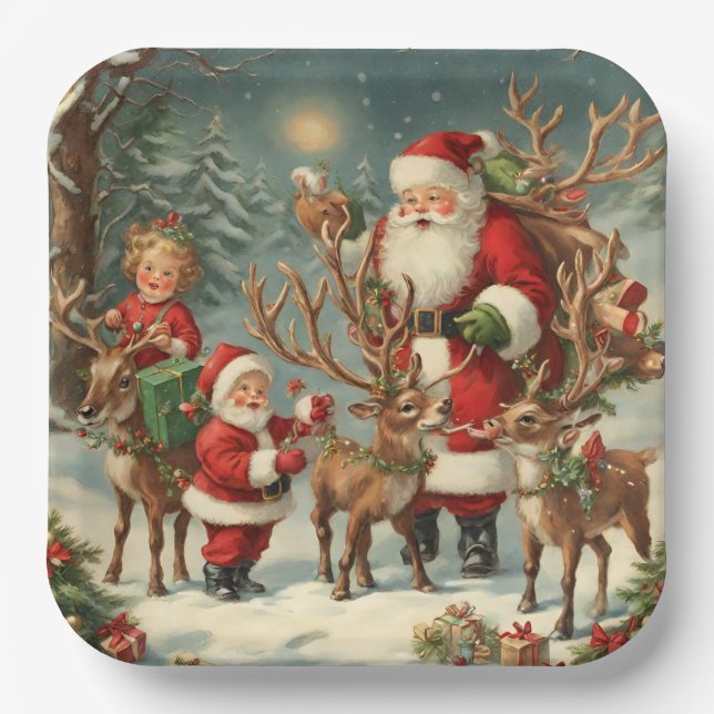 Plato De Papel Santa con niños, renos y regalos (Anverso)