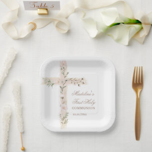 Plato De Papel Santa Cruz floral Primera Comunión