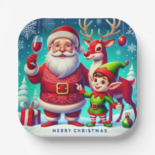 Plato De Papel Santa, Duende y Reno en una Navidad Festiva