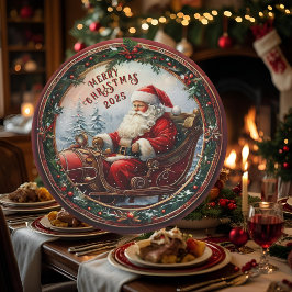 Plato De Papel Santa en su Sleigh