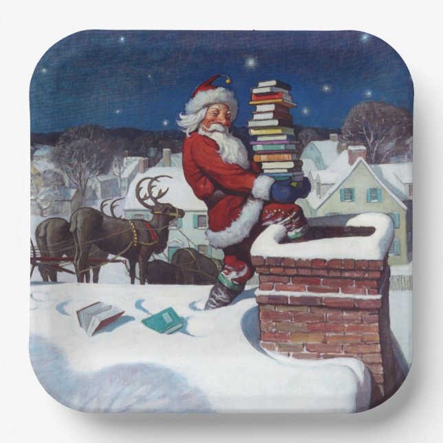 Plato De Papel Santa entregando carga de libros de Wyeth (Anverso)