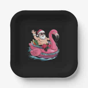 Plato De Papel Santa Flamingo Flotador Navidad En Julio Verano
