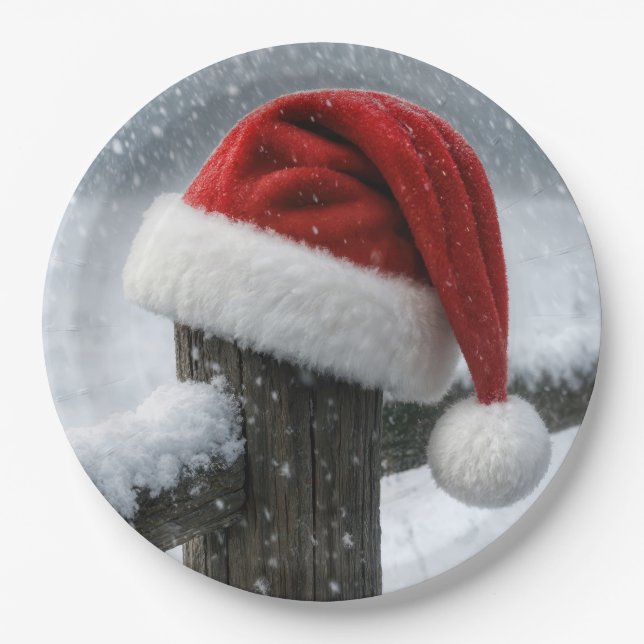 Plato De Papel Santa Hat On a Snowy Fence Post (Anverso)