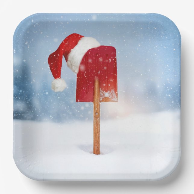 Plato De Papel Santa Hat On Red Snow Shovel  (Anverso)