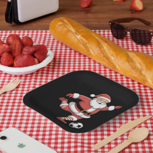 Plato De Papel Santa Juega Fútbol Deportes De Navidad