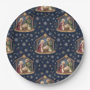 Plato De Papel Santa Natividad Estrella de Navidad y Copo de Niev