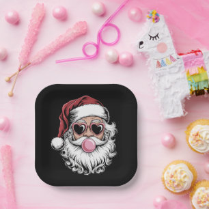 Plato De Papel Santa Retro Con Gafas Soplando Burbuja Navidad