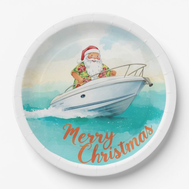 Plato De Papel Santa Sailing – Tropical Christmas by the Sea (Anverso)