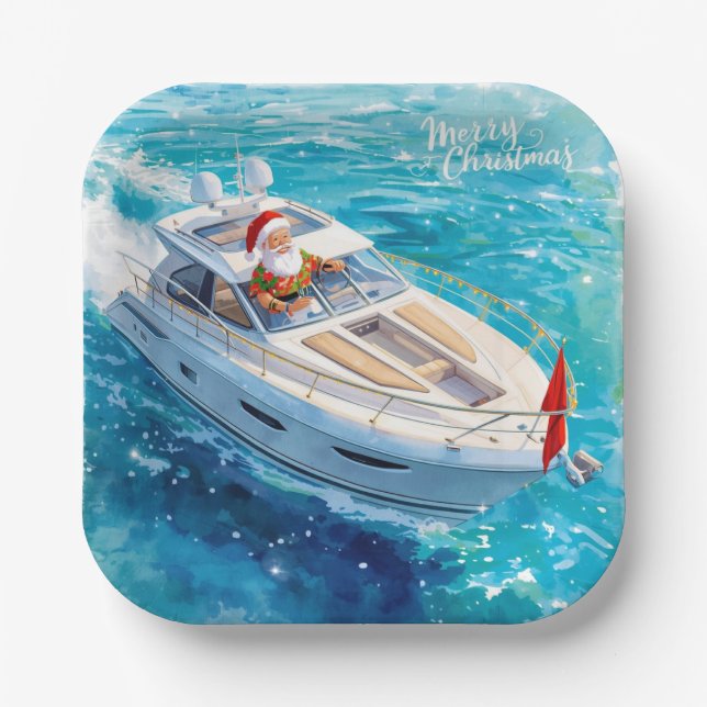 Plato De Papel Santa Sailing – Tropical Christmas by the Sea (Anverso)