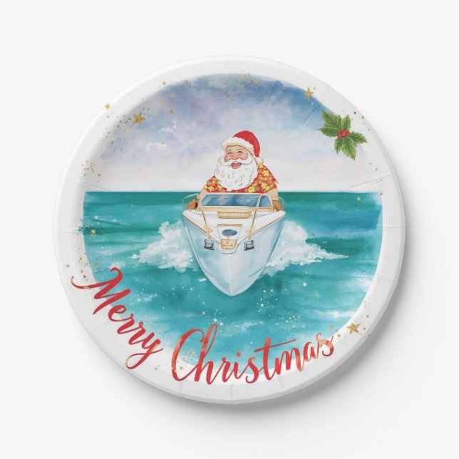 Plato De Papel Santa Sailing – Tropical Christmas by the Sea (Anverso)